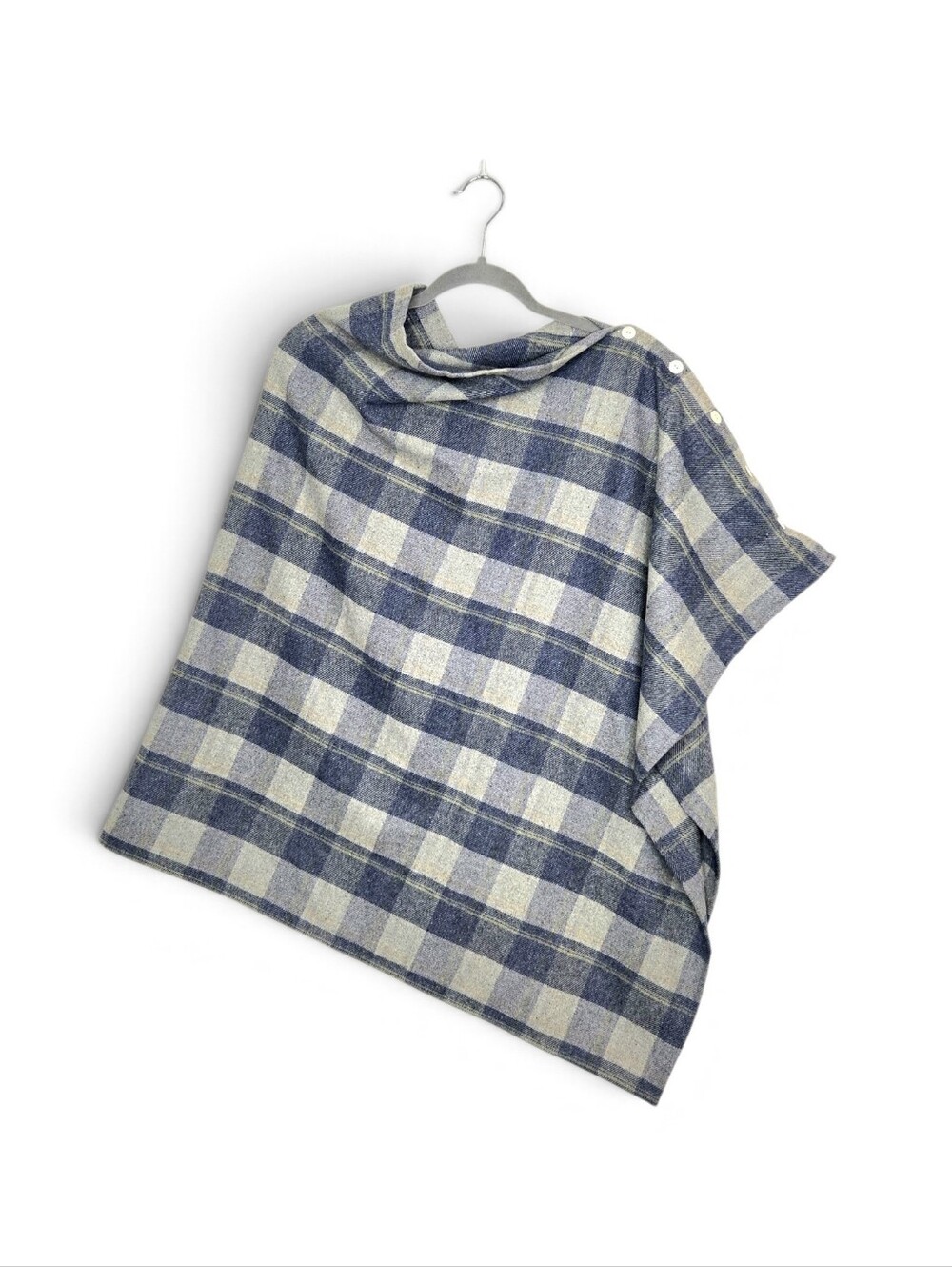 Earth Square Button Wrap/poncho. Gray/blue Tartan Plaid.